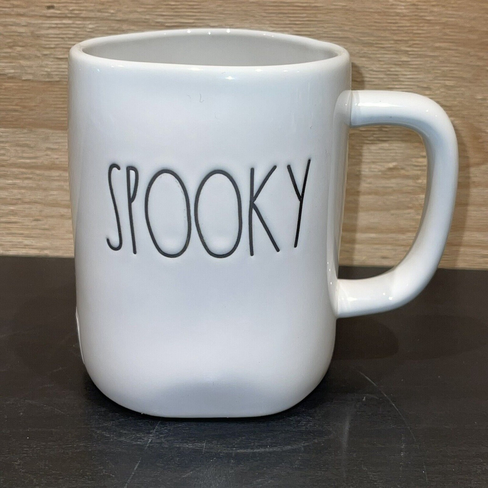 NEW Rae Dunn Halloween White & Black Spooky Double Sided Scarecrow Smile Mug